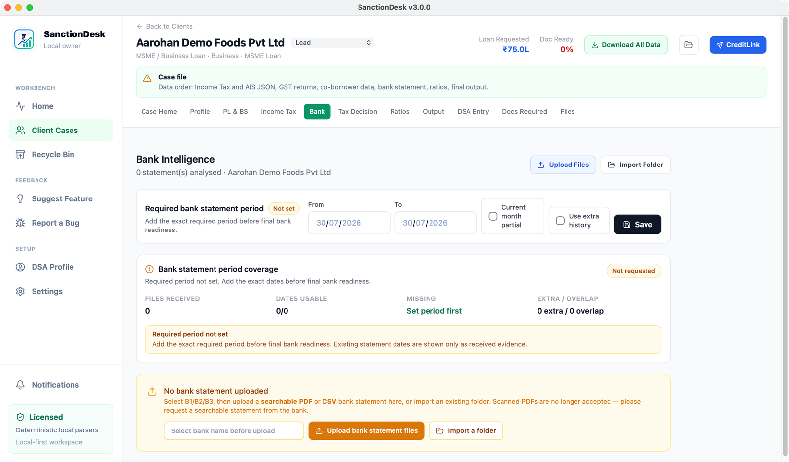 The real SanctionDesk Bank Intelligence workspace showing required statement periods, coverage and missing-bank-evidence controls.