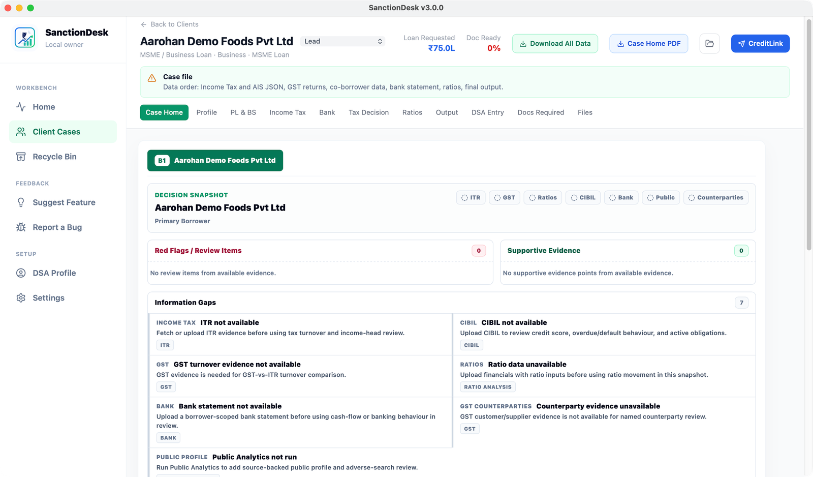 The real SanctionDesk Case Home showing a synthetic MSME borrower, evidence status and seven clearly identified information gaps.